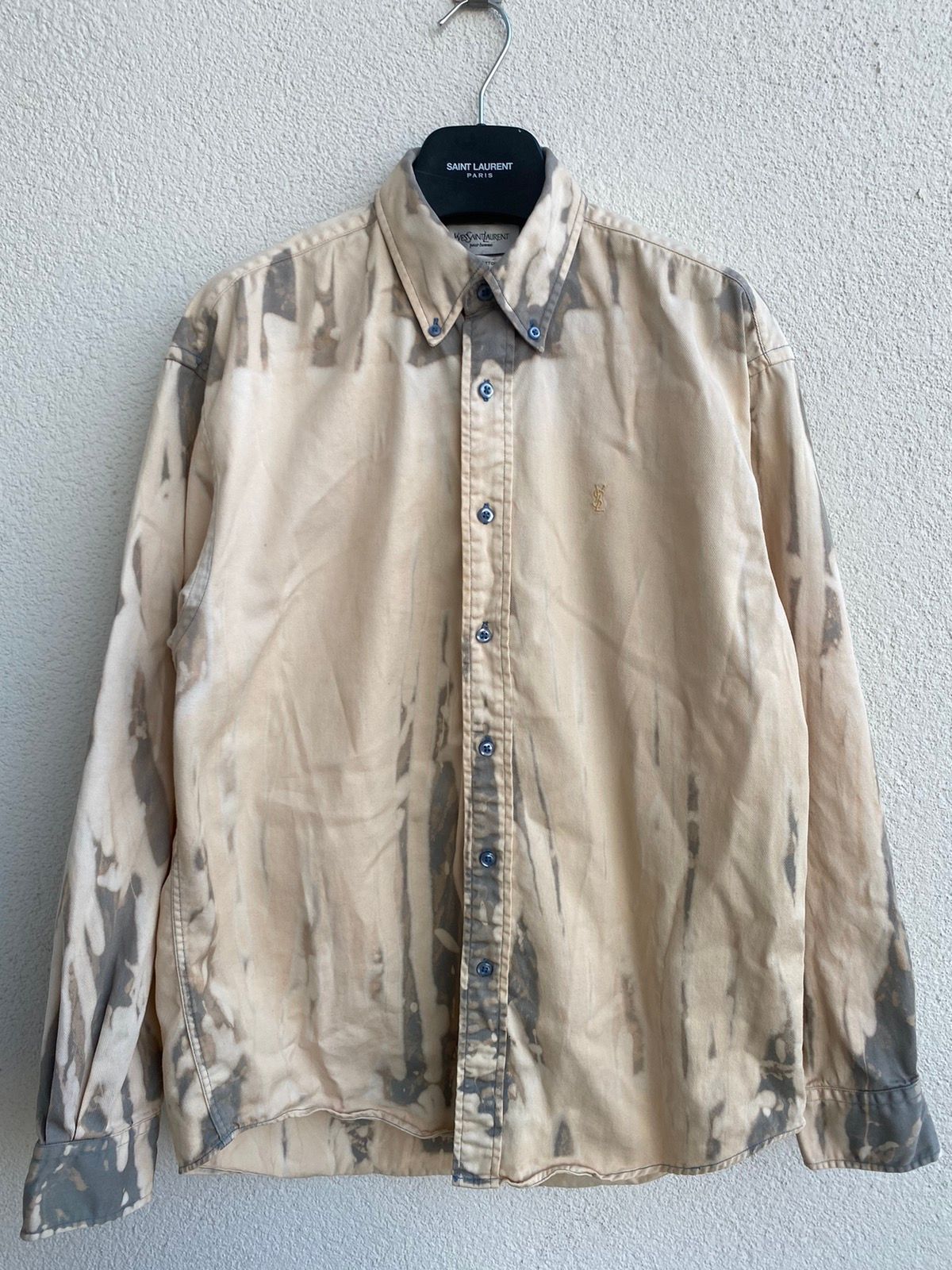 Pre-owned Saint Laurent Paris X Vintage Heavy Cotton Ysl Shirt Logo Tie Dye In Beige Grey