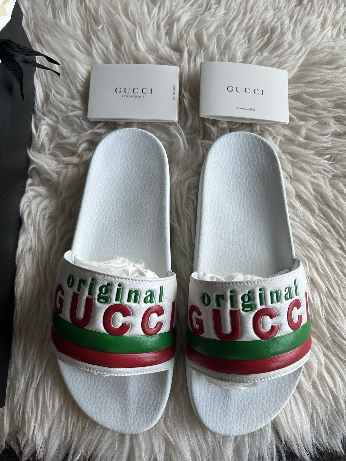 image of Super Runway Gucci Logo Leather Sandal Slides in White, Men's (Size 9.5)