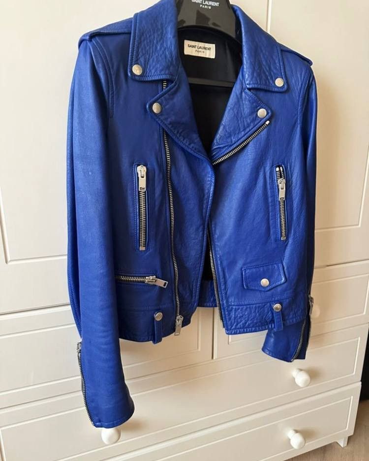 image of Hedi Slimane x Saint Laurent Paris Leather Biker Electric Blue Jacket Hedi, Men's (Size XS)