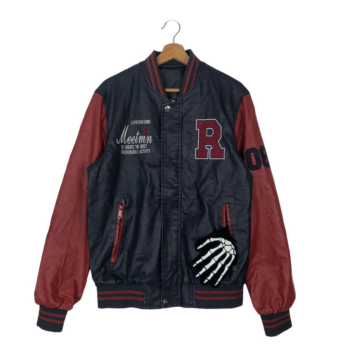 VINTAGE SOFT LEATHER VARSITY JACKET EMBROIDERED BIG LOGO