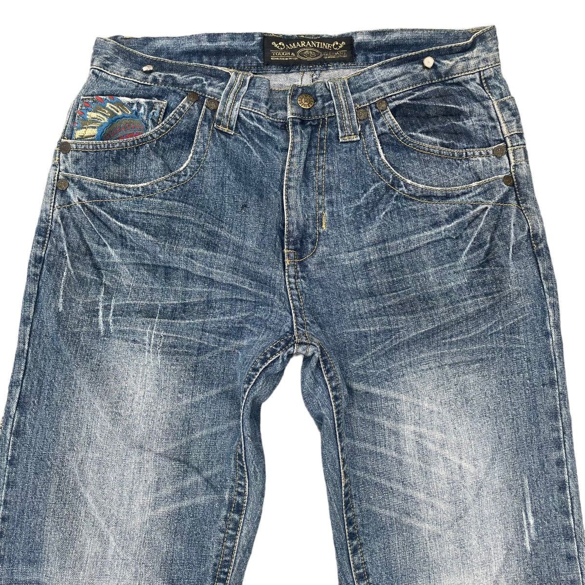If Six Was Nine × Japanese Brand × Le Grande Bleu (L.G.B.) 🇯🇵 AMARANTINE RED INDIAN SKULL BUCKLE DENIM PANTS Size US 33 - 3 Thumbnail