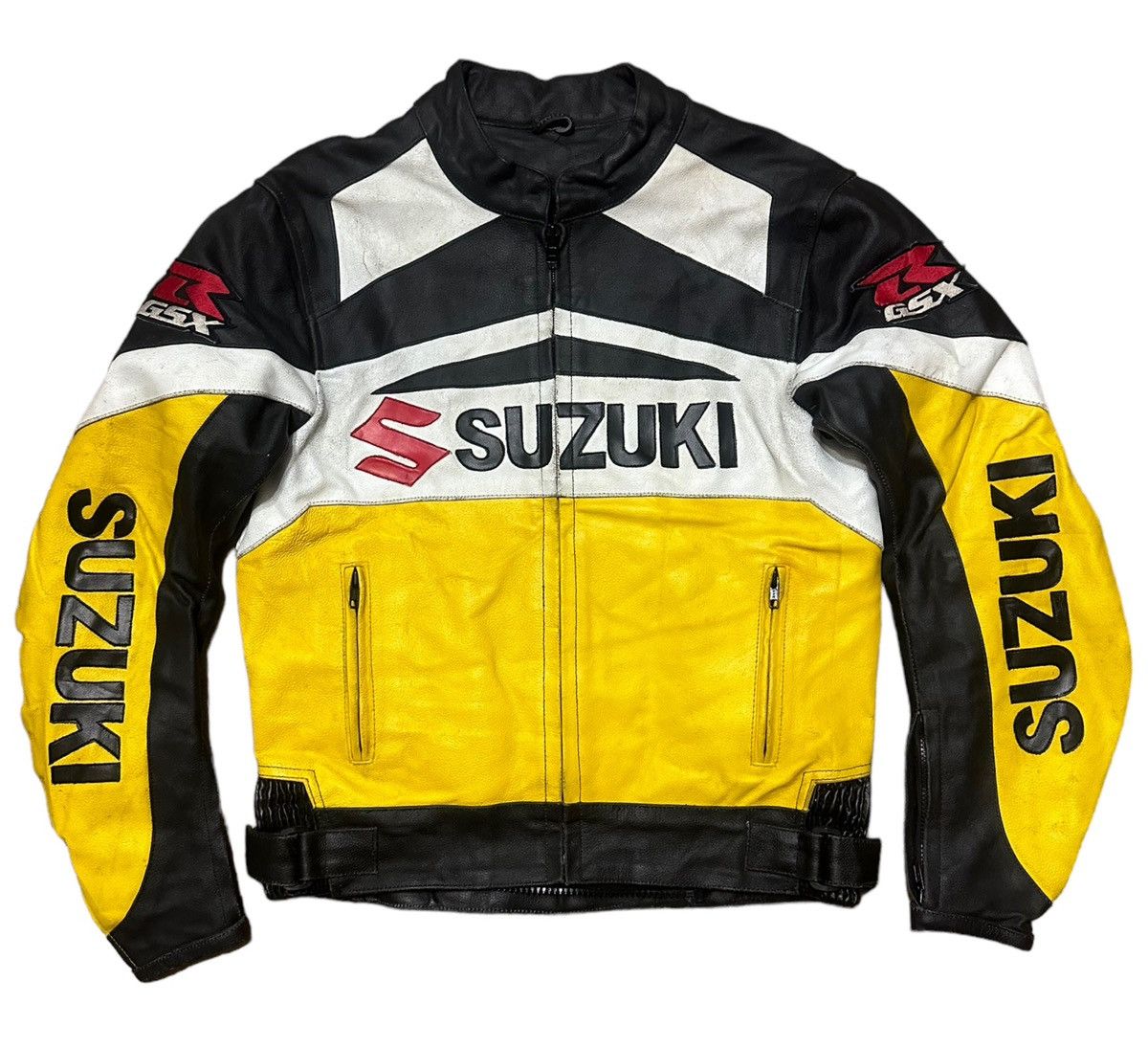 Image of Genuine Leather x Moto Vintage Suzuki Team Moto Racing Leather Jacket in Black Yellow White (Size S