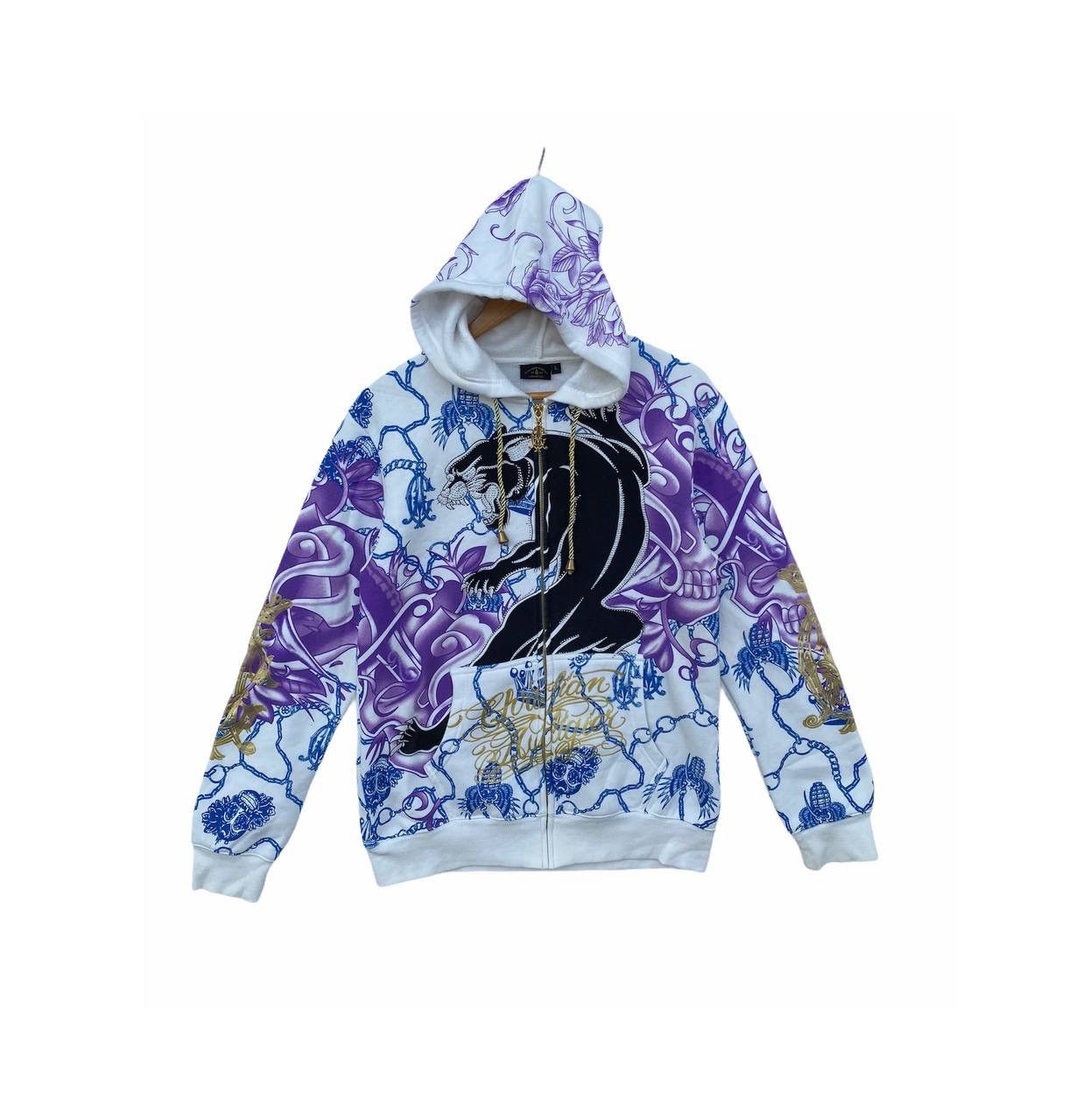 image of Christian Audigier Ed Hardy Tiger Skull Overprint Hoodie in Purple, Men's (Size Large)