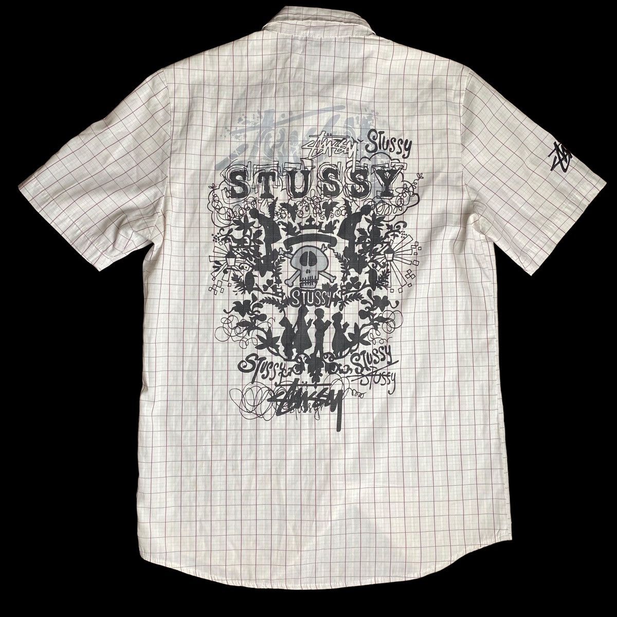 image of Stussy N4 Skull Backhit Button Up Tee in White, Men's (Size Medium)