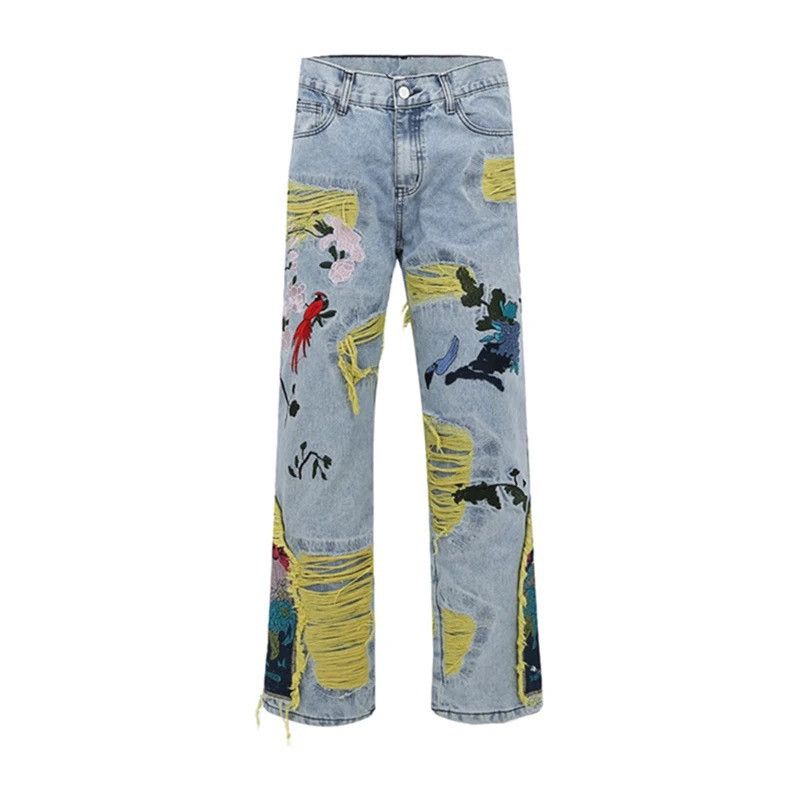 Jean Embroidered Patch Denim Ripped Jeans Size US 35 - 8 Thumbnail