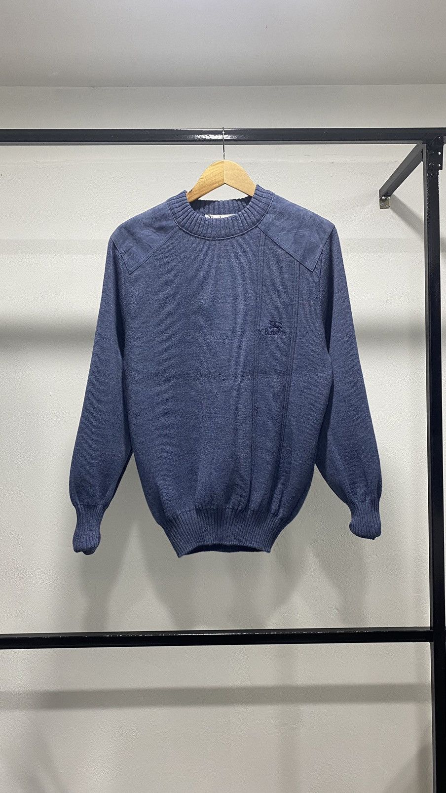image of Vintage Burberrys Wool Sweater Suede Padding in Blue, Men's (Size Medium)