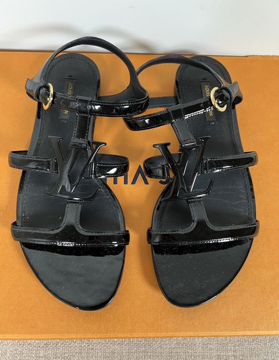 Louis Vuitton LV Louis Vuitton Logo Black Patent Leather Sandal Sandals ...