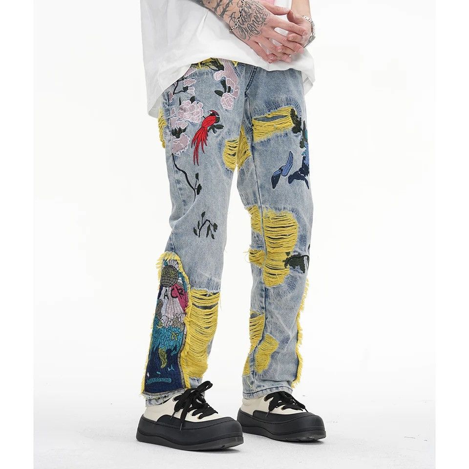 Jean Embroidered Patch Denim Ripped Jeans Size US 35 - 5 Thumbnail