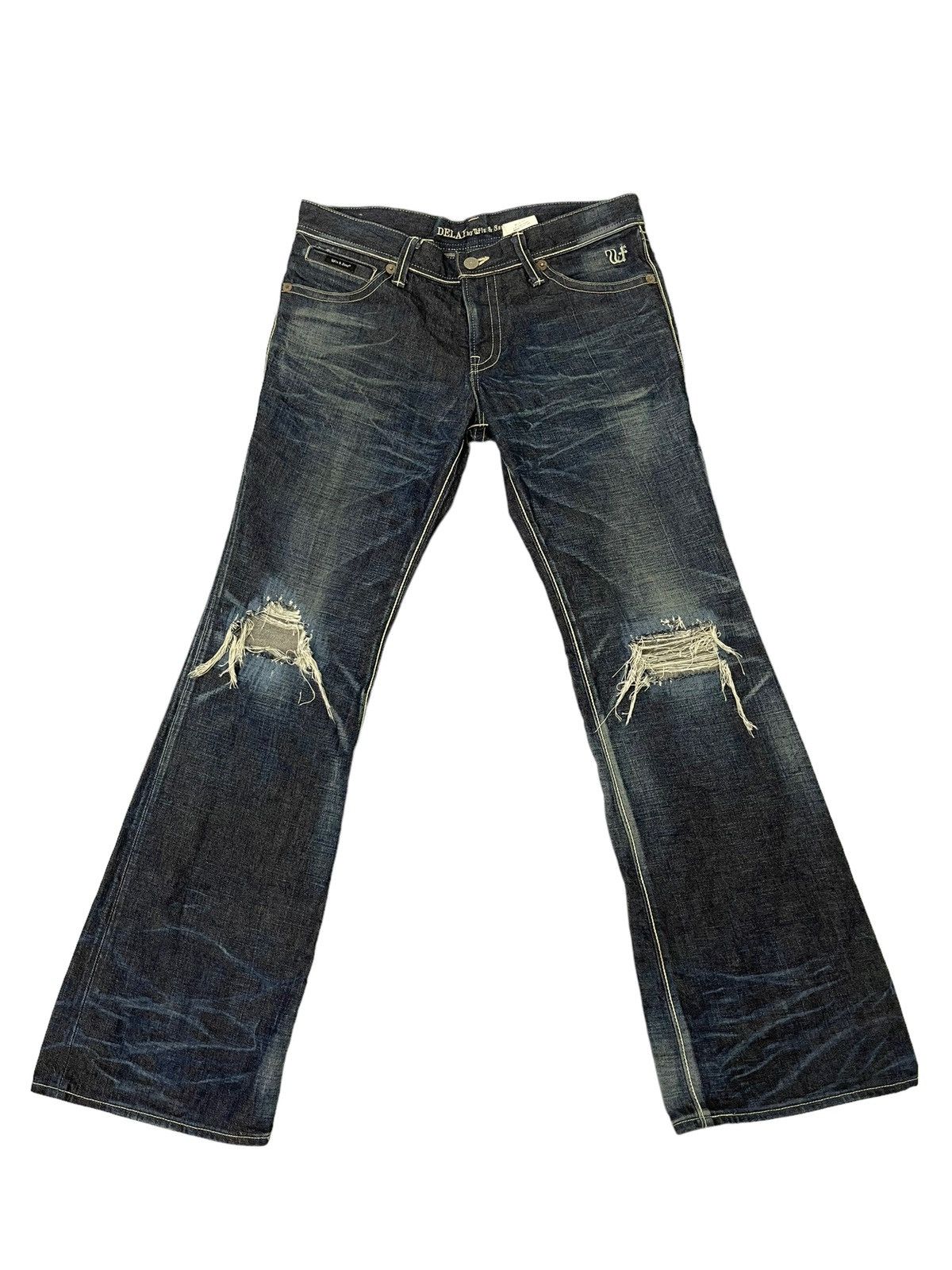 Japanese Brand Flare Jeans Ufin & Sons Distres Thick Denim Bell Bottom 5🟦9 Size US 35 - 2 Thumbnail
