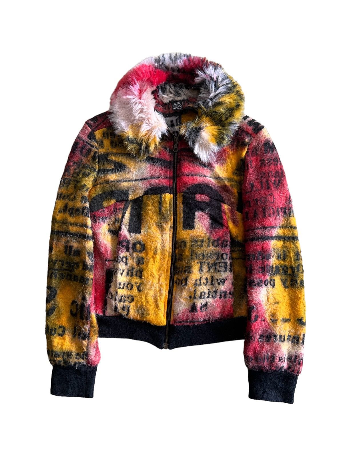 Art Comes First Y2K Diesel Style Lab 🇮🇹 Fur Neck Pop Art Jacquard Bomber Size S / US 4 / IT 40 - 1 Thumbnail