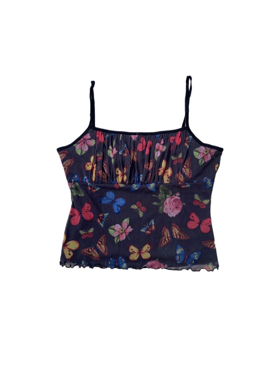 Vtg US Made Butterflies&Roses Print Polyester Cami Crop Top