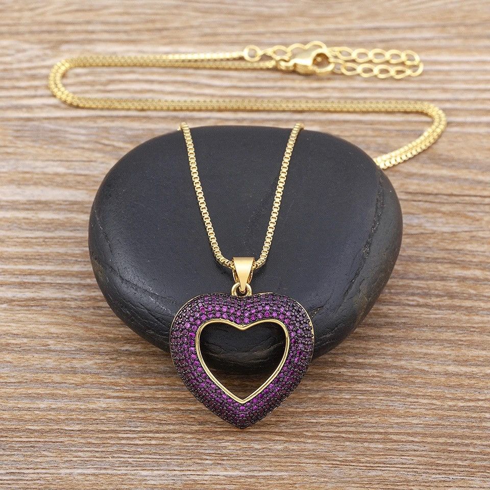 Jewelry Heart-Shaped Hollow Crystal Zircon Pendant Chain Necklace Size ONE SIZE - 1 Thumbnail