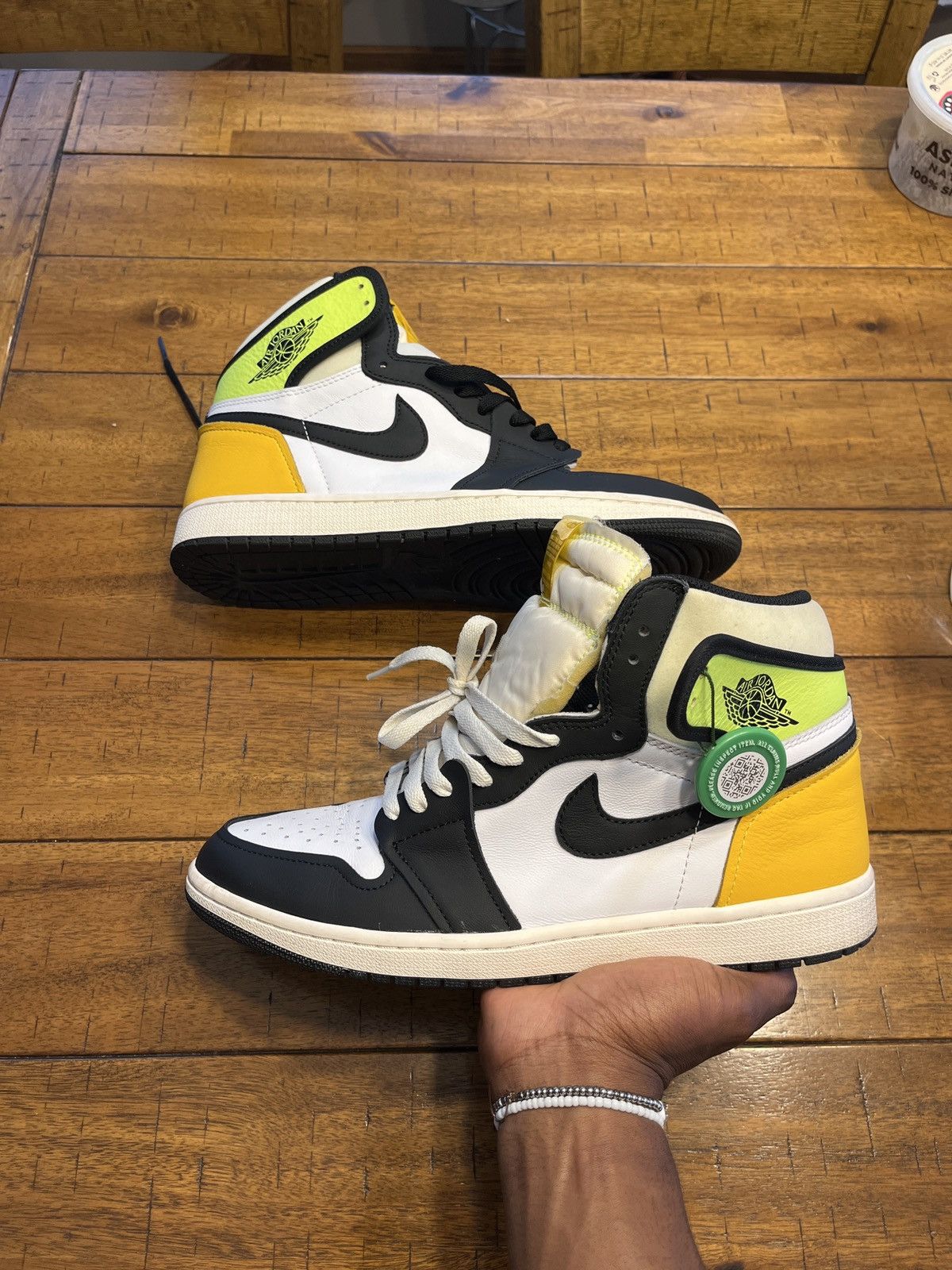 image of Jordan Nike Jordan 1 Volt Gold Shoes in White, Men's (Size 11)
