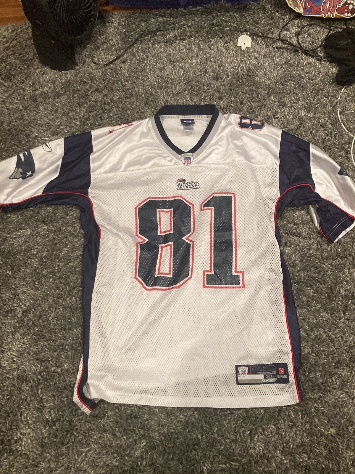 VTG Reebok New England Patriots Randy Moss 81 Super Bowl XLII Jersey Mens XL