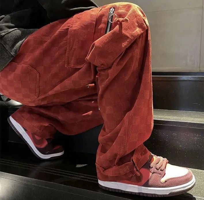 image of Distressed Denim Chessboard Checker Wide Leg Jeans in Red, Men's (Size 29)