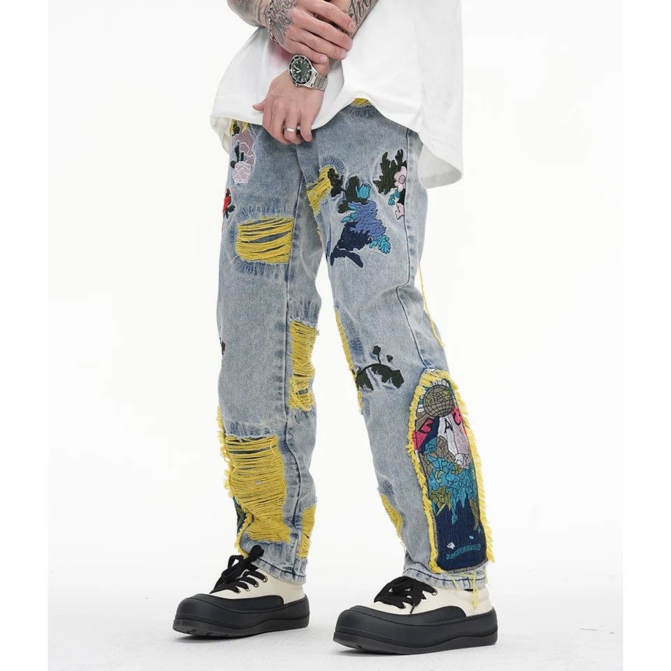 Jean Embroidered Patch Denim Ripped Jeans Size US 35 - 6 Thumbnail