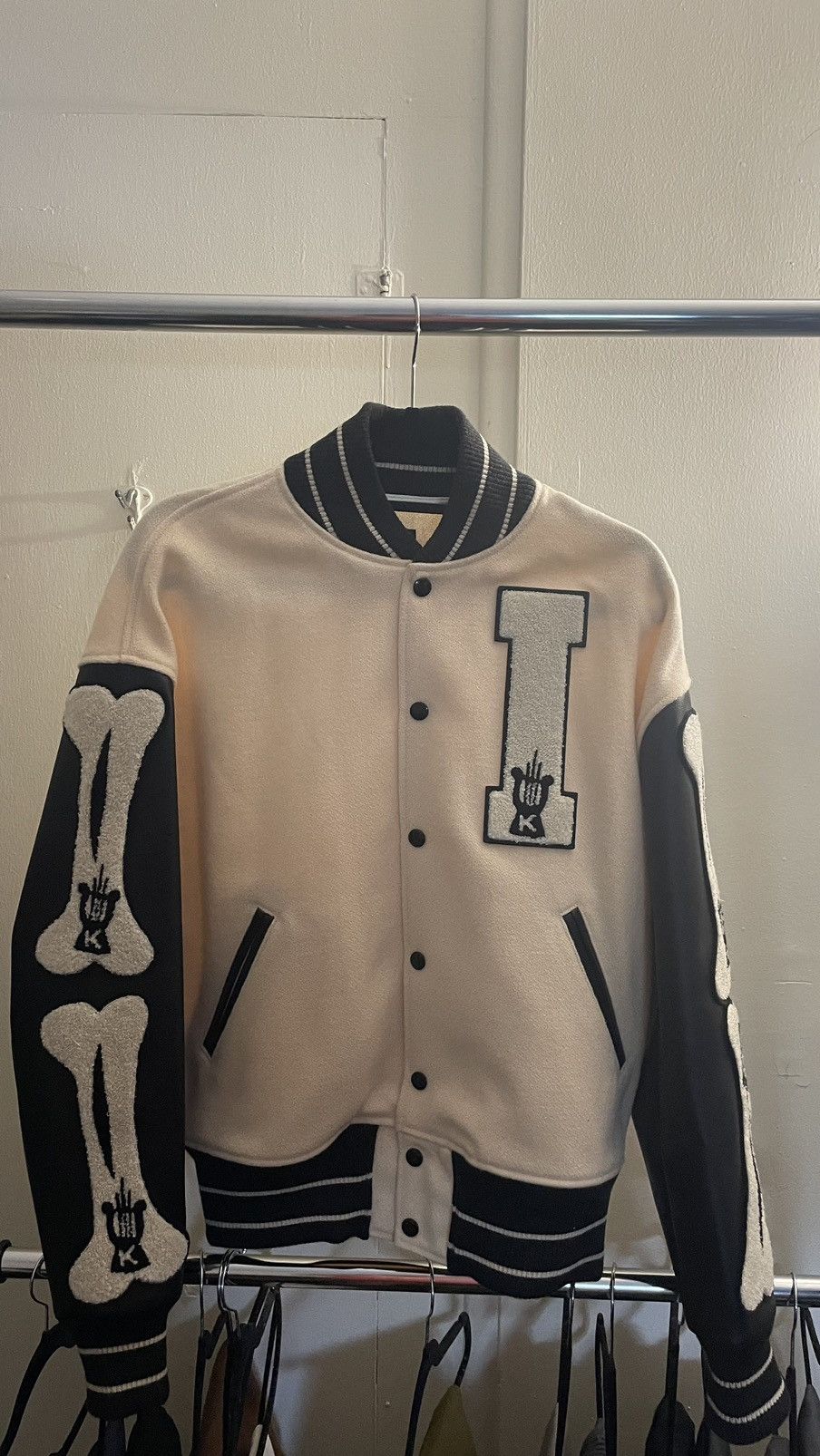 image of Kapital 40S Wool I-Five Varsity Jacket in Black Cream, Men's (Size Small)