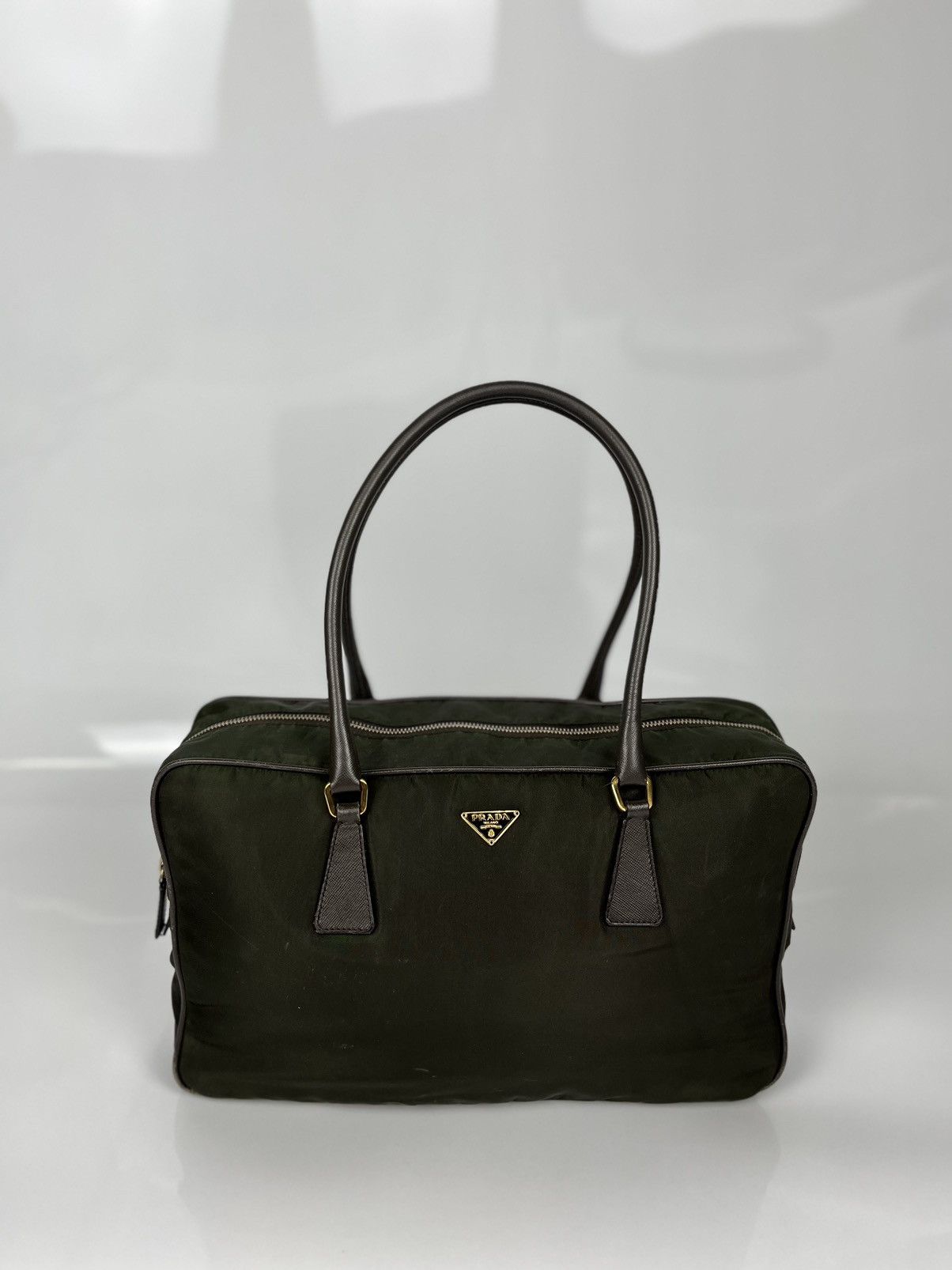 image of Prada Green Briefcase Work Nylon Bag, Men's