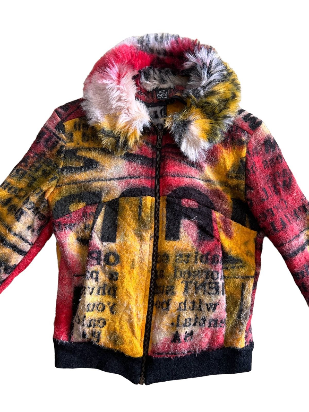 Art Comes First Y2K Diesel Style Lab 🇮🇹 Fur Neck Pop Art Jacquard Bomber Size S / US 4 / IT 40 - 2 Thumbnail