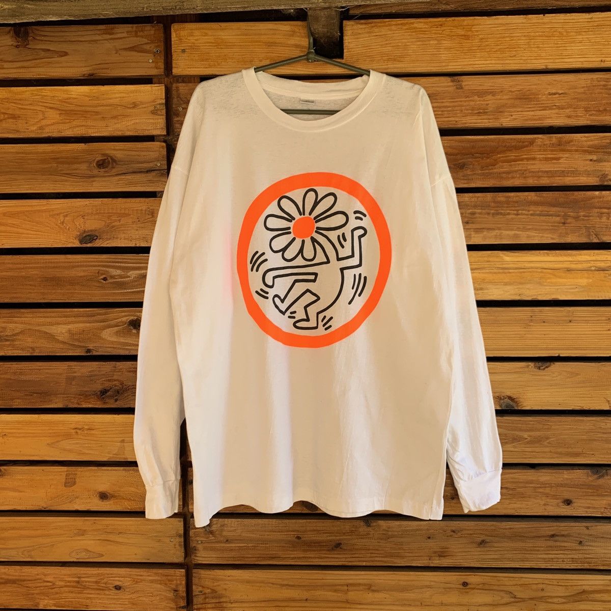 image of Very Single Stitch Keith Haring Floral Longsleeve in White, Men's (Size Large)