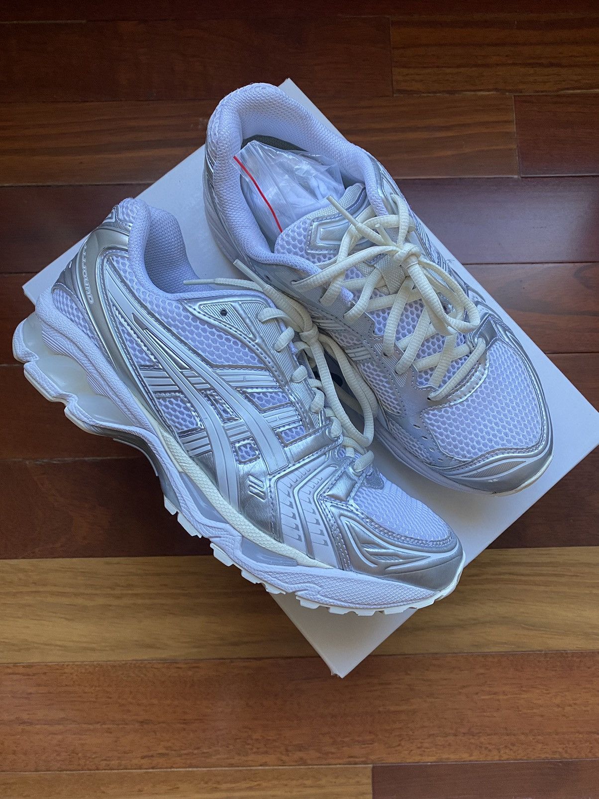 asics gel kayano 14 jjjjound silver white on feet