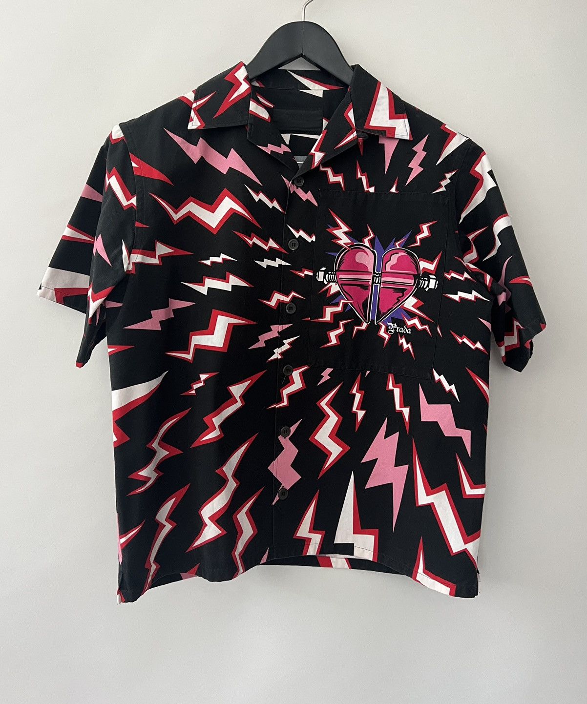 image of Prada Printed Thunder Cotton Poplin Shirt in Black/Red, Men's (Size Small)