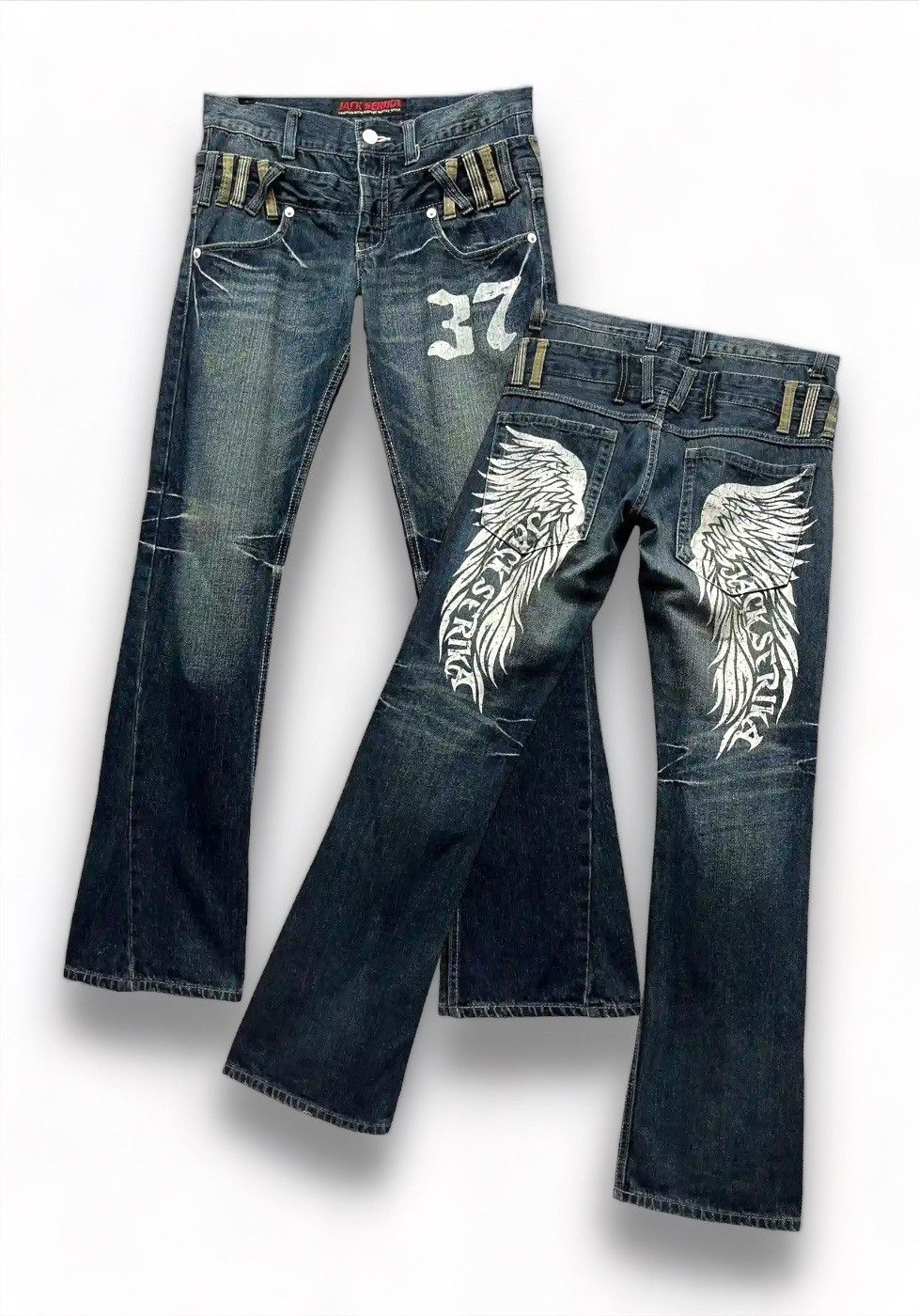 Vintage 💥Vtg JACK SERIKA Double Waist Punk Angel Wings Flare Denim ...