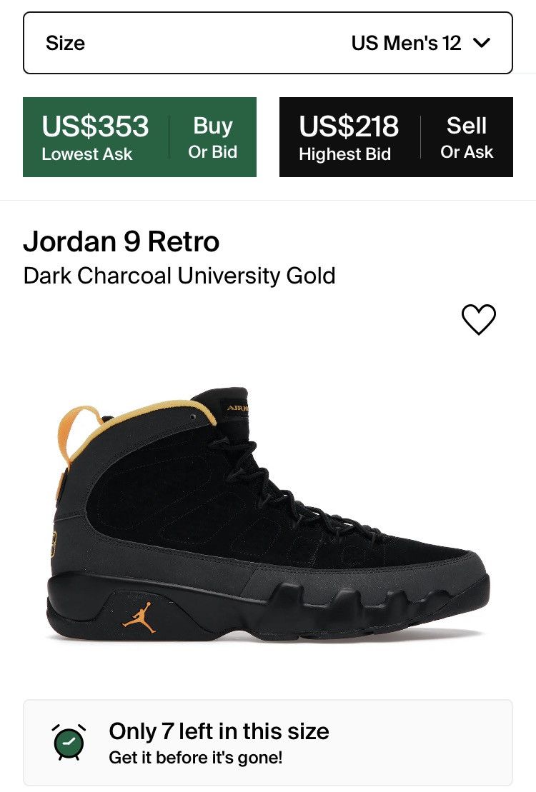 Jordan Brand Jordan 9 Dark Charcoal University Gold Size US 12 / EU 45 - 7 Thumbnail