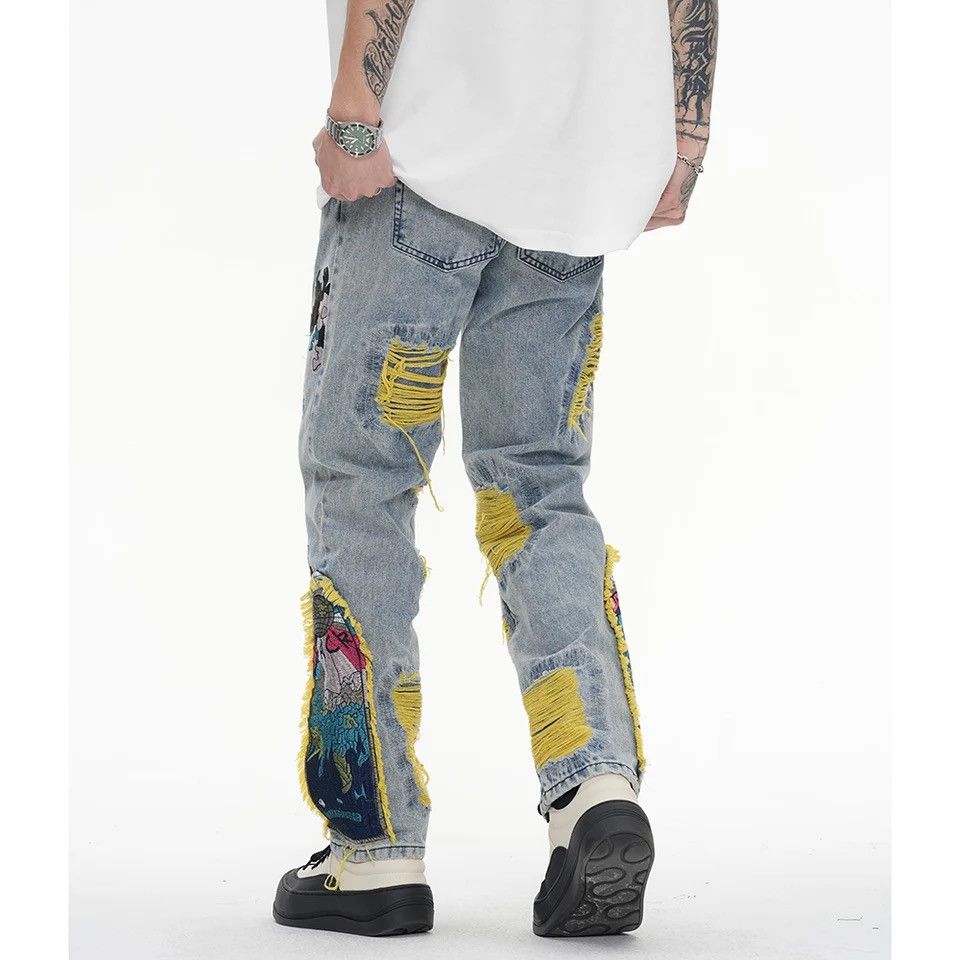 Jean Embroidered Patch Denim Ripped Jeans Size US 35 - 7 Thumbnail