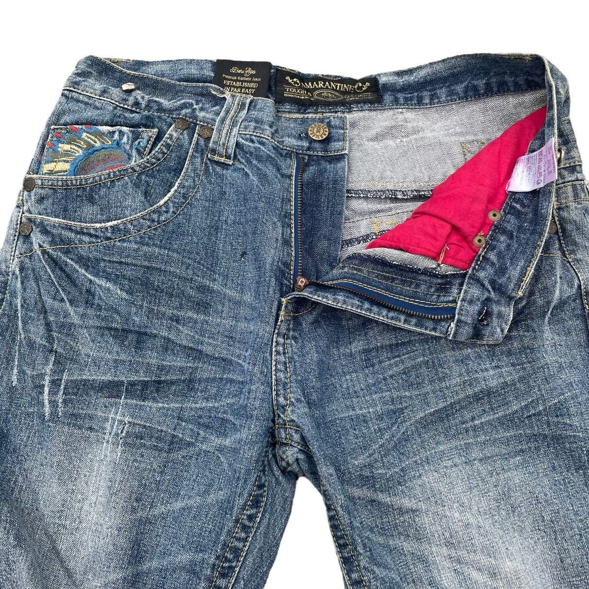If Six Was Nine × Japanese Brand × Le Grande Bleu (L.G.B.) 🇯🇵 AMARANTINE RED INDIAN SKULL BUCKLE DENIM PANTS Size US 33 - 9 Thumbnail