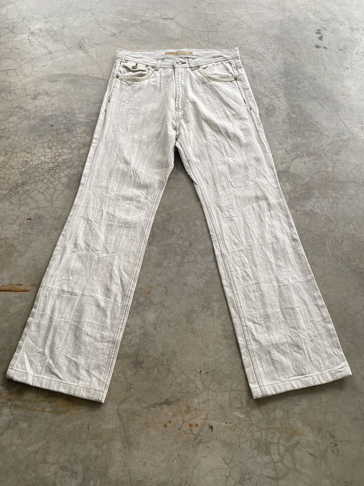 JNCO × Japanese Brand Flare Jeans Beige White Oil Wax Japan G Blue Jeans Size US 31 - 8 Thumbnail