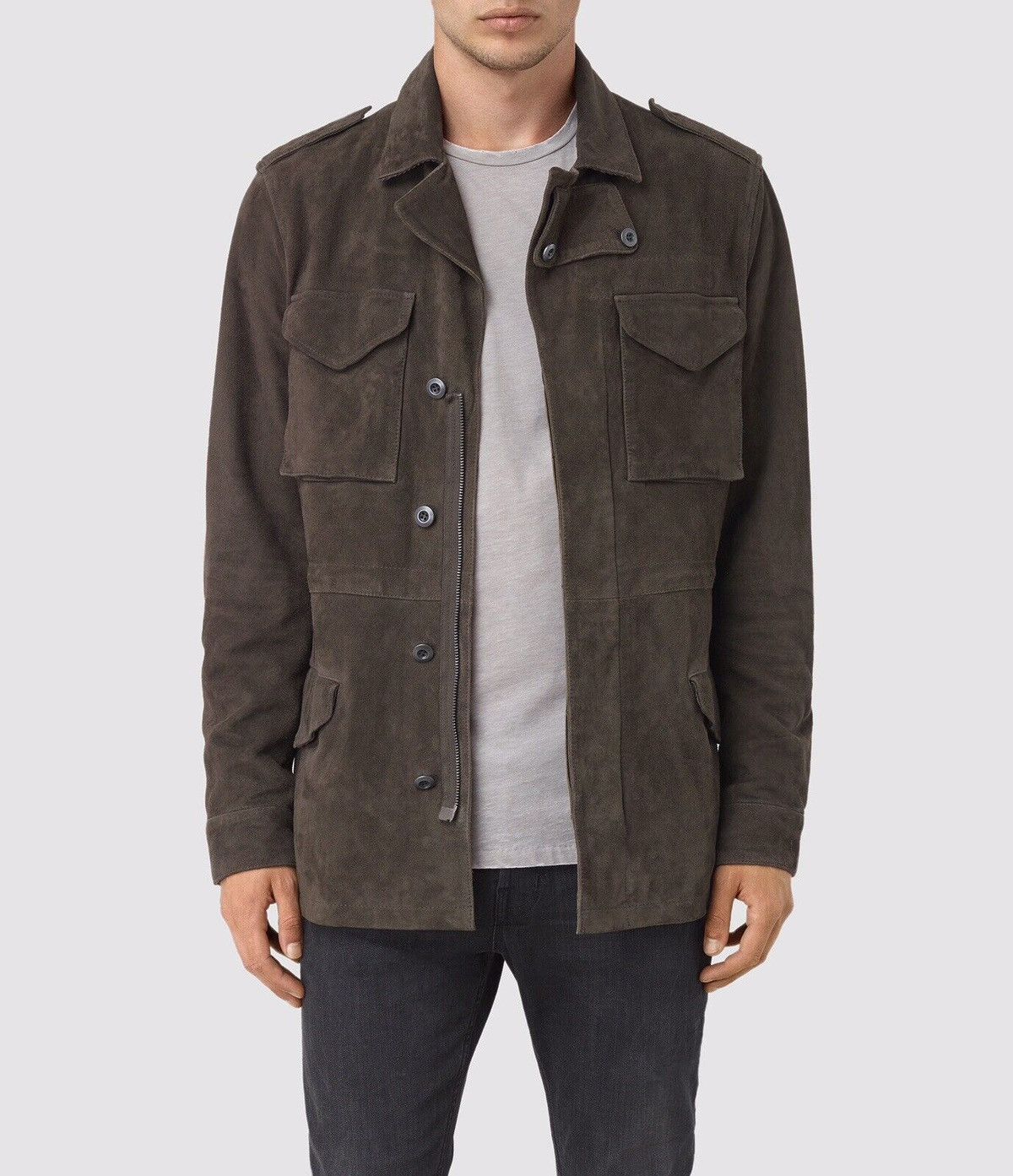 image of Allsaints Forter Suede Leather Jacket in Khaki, Men's (Size Large)