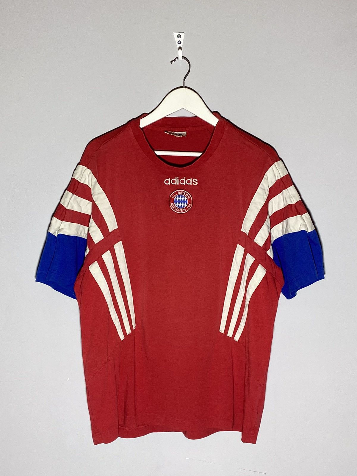 Pre-owned Adidas X Vintage 90's Adidas Bayern Munchen Oversized Blokecore Tee In Red/blue